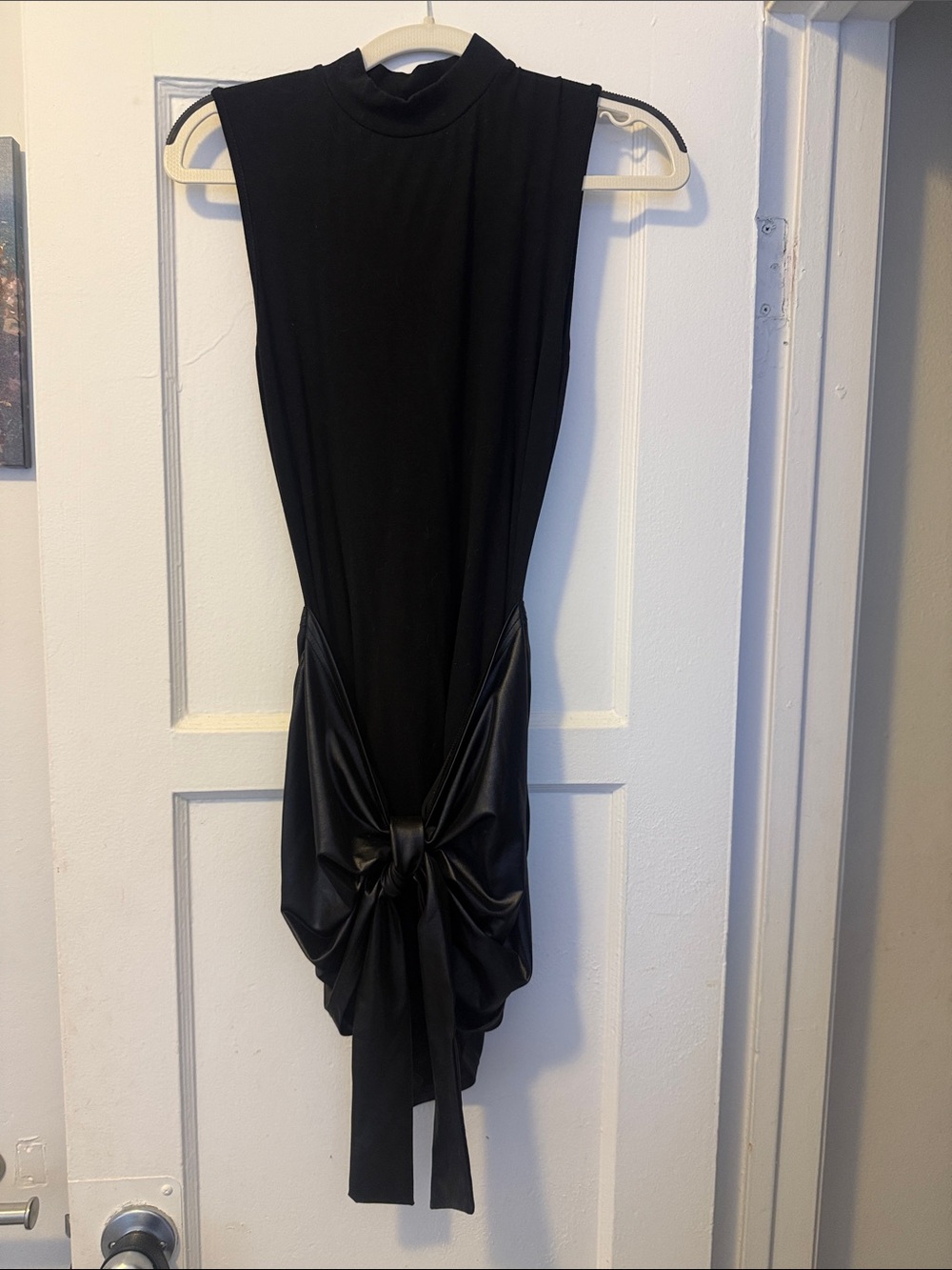 Cider Black Mini Dress with Faux-Leather Knot Detail